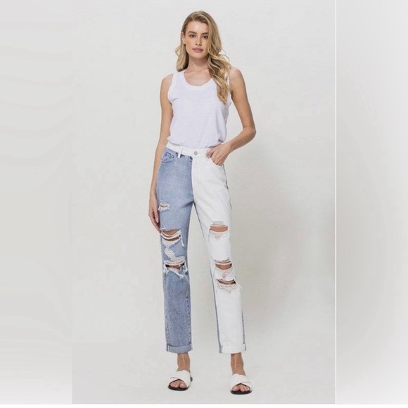 NWT VERVET DISTRESSED MOM JEANS-EMMA SPLIT TWO TONE DENIM / 29 - Picture 2 of 6